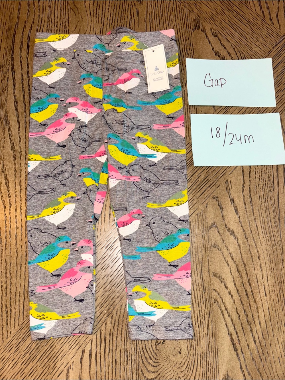 GAP Gray Leggings with Pink, Yellow & Teal Bird Print